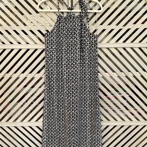 Dark navy and white maxi dress. Geometric pattern. Adjustable at neckline.